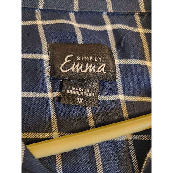 Simply Emma Plus Size 1X Blue Plaid Roll Tab Sleeve Button Down 100% Cotton Top - Picture 2 of 8